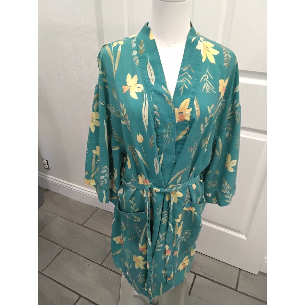 Uncommon Goods Teal Floral Lyocell Robe XS/S Yellow Daffodil Botanical Lounge